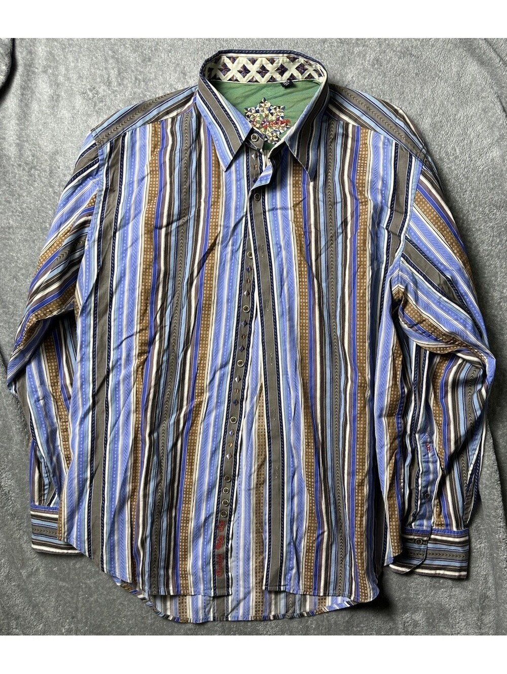 Robert Graham XL Blue Brown Striped Flip Cuff Embroidered Button Up